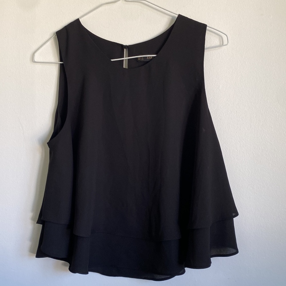 ZARA Sleeveless Layered Office Blouse Top • Solid Black • XS